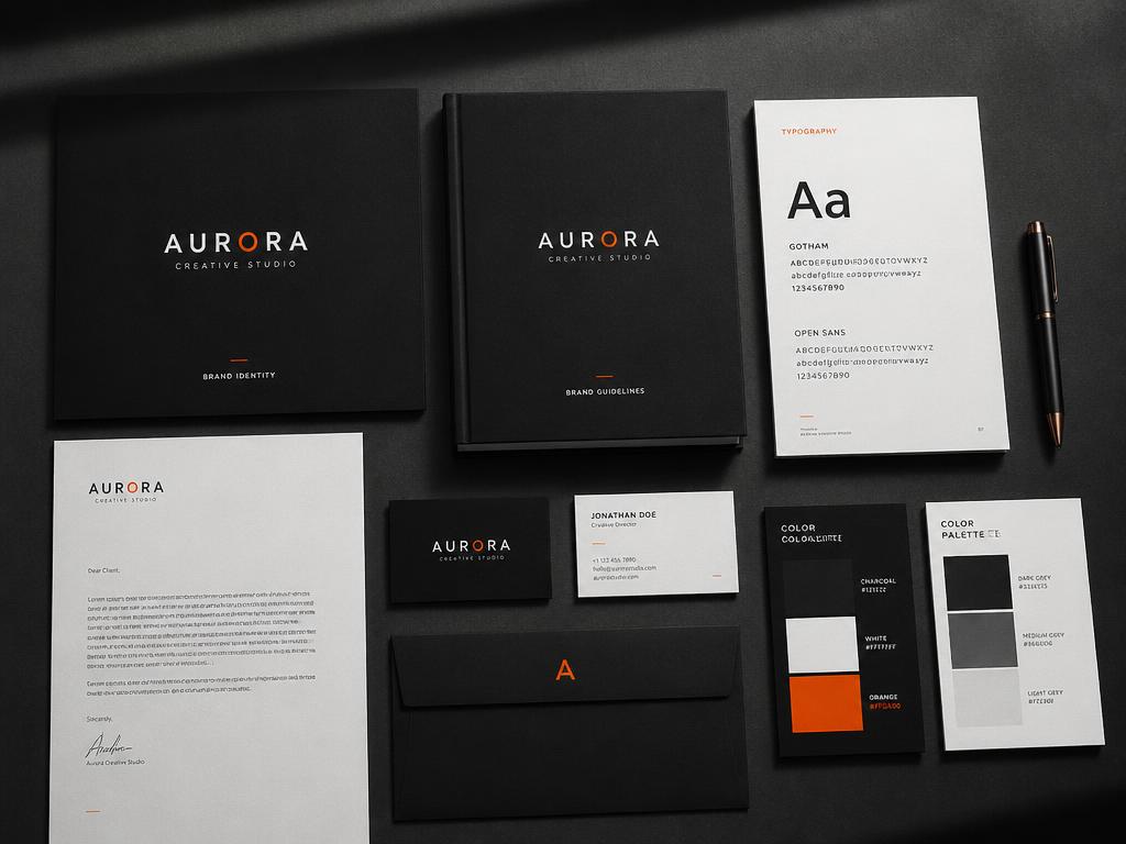 Brand identity presentation with logo, guideline book, typography and colour palette